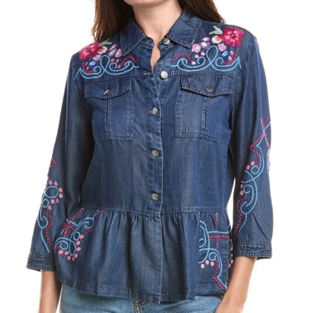 Johnny Was Blue Jean Jacket with Floral Embroidery